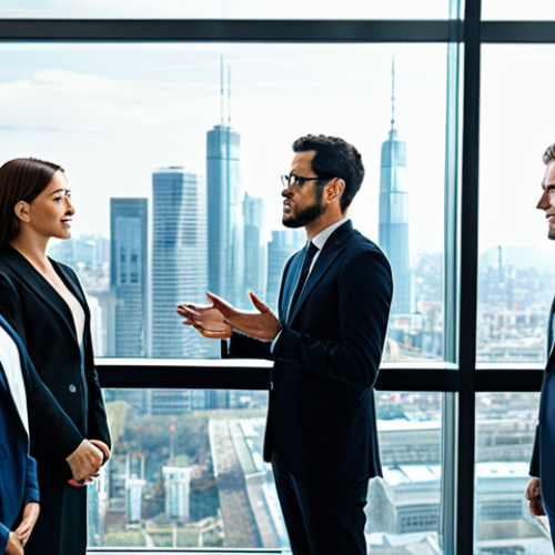 Home 18 A diverse group of professional business executives in modern, modest business suits and dresses, fully clothed. They are standing in a bright, contemporary corporate lobby with large windows overlooking a generic, modern city skyline. A subtle digital display in the background shows abstract data visualizations related to ESG metrics, conveying a forward-thinking and collaborative atmosphere. safe for work, appropriate content, fully clothed, professional, perfect anatomy, correct proportions, natural pose, well-formed hands, proper finger count, natural body proportions, high-quality corporate photography, natural lighting.