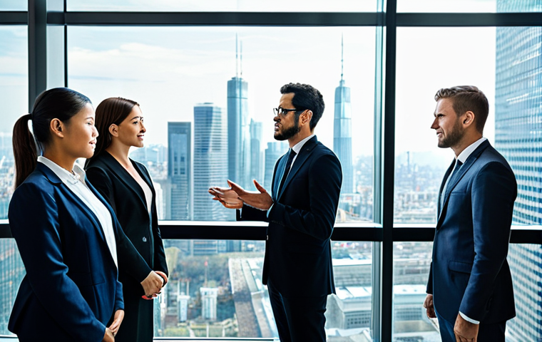 A diverse group of professional business executives in modern, modest business suits and dresses, fully clothed. They are standing in a bright, contemporary corporate lobby with large windows overlooking a generic, modern city skyline. A subtle digital display in the background shows abstract data visualizations related to ESG metrics, conveying a forward-thinking and collaborative atmosphere. safe for work, appropriate content, fully clothed, professional, perfect anatomy, correct proportions, natural pose, well-formed hands, proper finger count, natural body proportions, high-quality corporate photography, natural lighting.