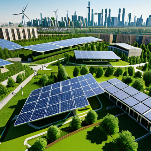 Home 10 **
"A modern city skyline with numerous visible rooftop solar panels and wind turbines integrated into the architecture, showing a commitment to renewable energy. Lush green parks are interwoven throughout the urban landscape. The image emphasizes sustainable urban development and environmental responsibility. Safe for work, appropriate content, fully clothed individuals walking in the parks, perfect anatomy, natural proportions, professional, modest attire, family-friendly."
**