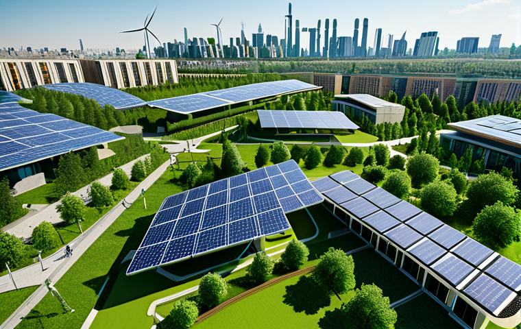 **
"A modern city skyline with numerous visible rooftop solar panels and wind turbines integrated into the architecture, showing a commitment to renewable energy. Lush green parks are interwoven throughout the urban landscape. The image emphasizes sustainable urban development and environmental responsibility. Safe for work, appropriate content, fully clothed individuals walking in the parks, perfect anatomy, natural proportions, professional, modest attire, family-friendly."
**