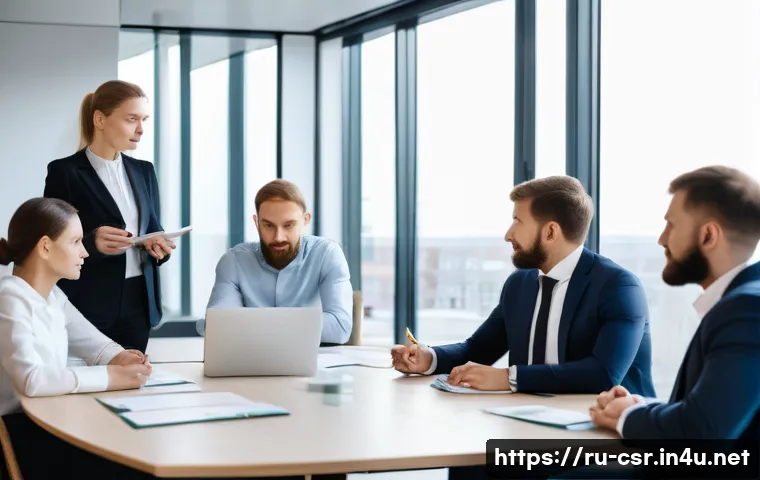 사회적 책임 경영 자격증 스터디 그룹 운영법 - **Subject**: A diverse group of 5-7 Russian business professionals, dressed in smart casual to busin...