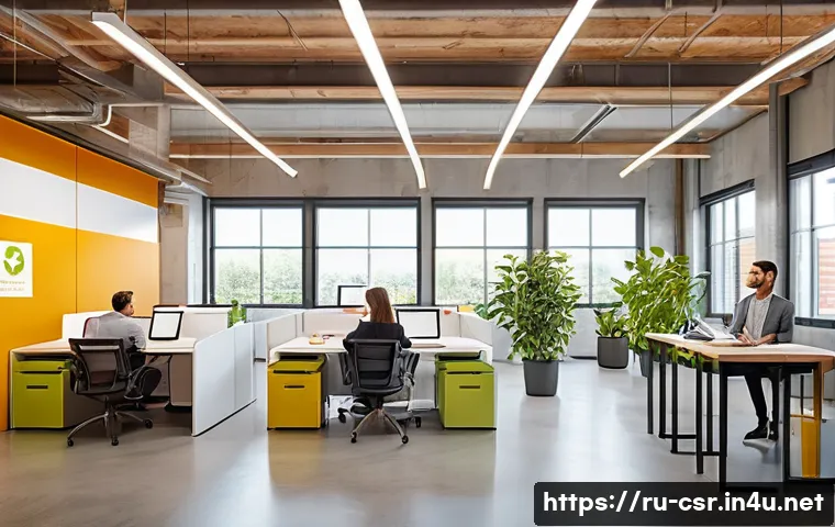 사회적 책임 경영 자격증의 필요성 - A modern corporate office environment featuring a diverse team of professionals engaging in a social...