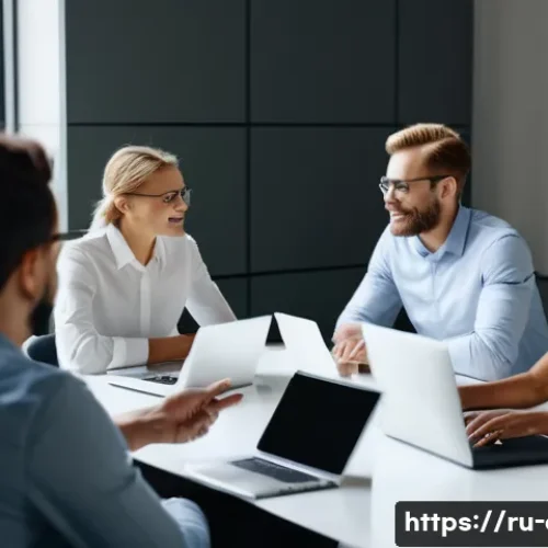 Home 32 사회적 책임 경영 업무 스트레스 관리법 - A modern corporate office scene showing a diverse team of professional employees engaged in an open ...