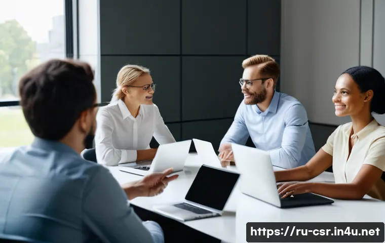 사회적 책임 경영 업무 스트레스 관리법 - A modern corporate office scene showing a diverse team of professional employees engaged in an open ...