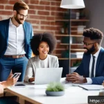 Home 19 사회적 책임 경영에서의 커뮤니케이션 스킬 - A diverse team of professional employees engaged in an open discussion in a modern office setting, b...