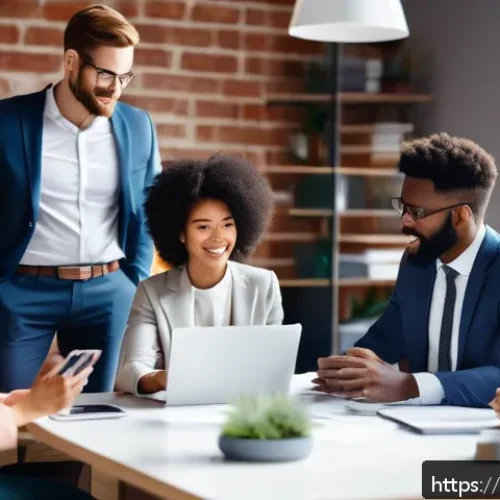Home 31 사회적 책임 경영에서의 커뮤니케이션 스킬 - A diverse team of professional employees engaged in an open discussion in a modern office setting, b...