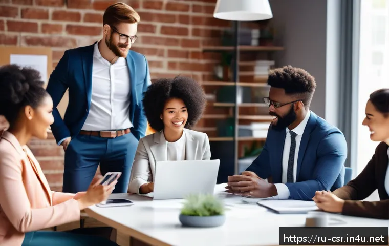 사회적 책임 경영에서의 커뮤니케이션 스킬 - A diverse team of professional employees engaged in an open discussion in a modern office setting, b...