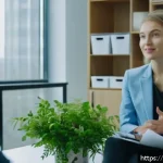 Home 18 사회적 책임 경영 이직 면접 준비 가이드 - A professional business interview scene set in a modern office in Moscow, featuring a well-dressed y...