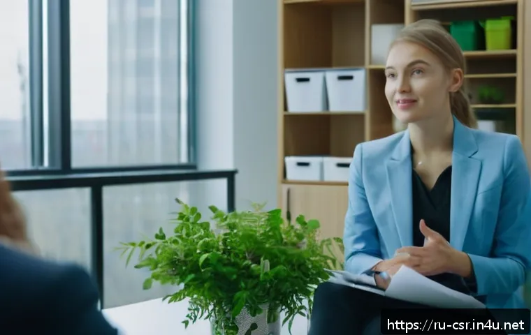 사회적 책임 경영 이직 면접 준비 가이드 - A professional business interview scene set in a modern office in Moscow, featuring a well-dressed y...