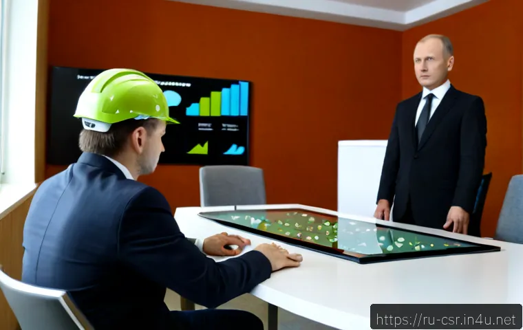 Home 15 사회적 책임 경영 실습에서 흔히 하는 실수 - Photorealistic Russian corporate meeting room, a senior manager presenting a polished sustainability...